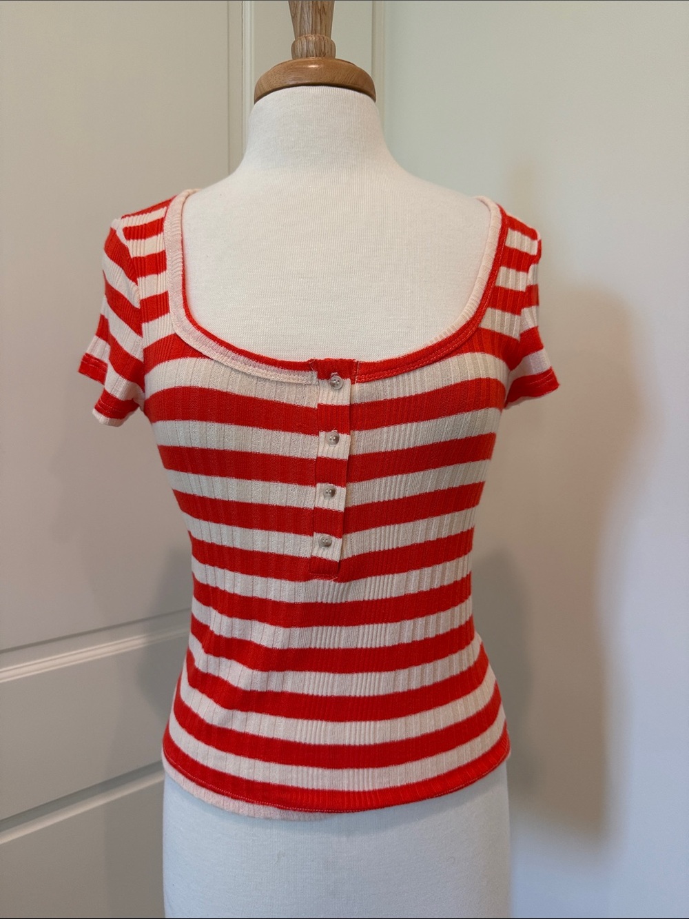 Treasure & Bond Red and White Striped Scoop Neck Henley Top